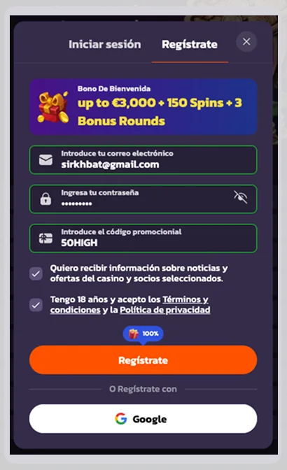 Registro en Coolzino Casino en España visual